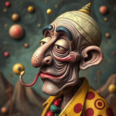 The primary subject of the image is a man with a long nose, wearing a yellow shirt and a hat. He is looking at the camera with a peculiar expression. The setting is a room with a backdrop of a painting, which features a mountain in the background. The visual style is a combination of digital art and illustration, creating a unique and intriguing image. The colors are predominantly yellow and orange, giving the scene a warm and vibrant atmosphere.